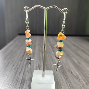 Elegant Cross And Natural Stone Dangle Earrings